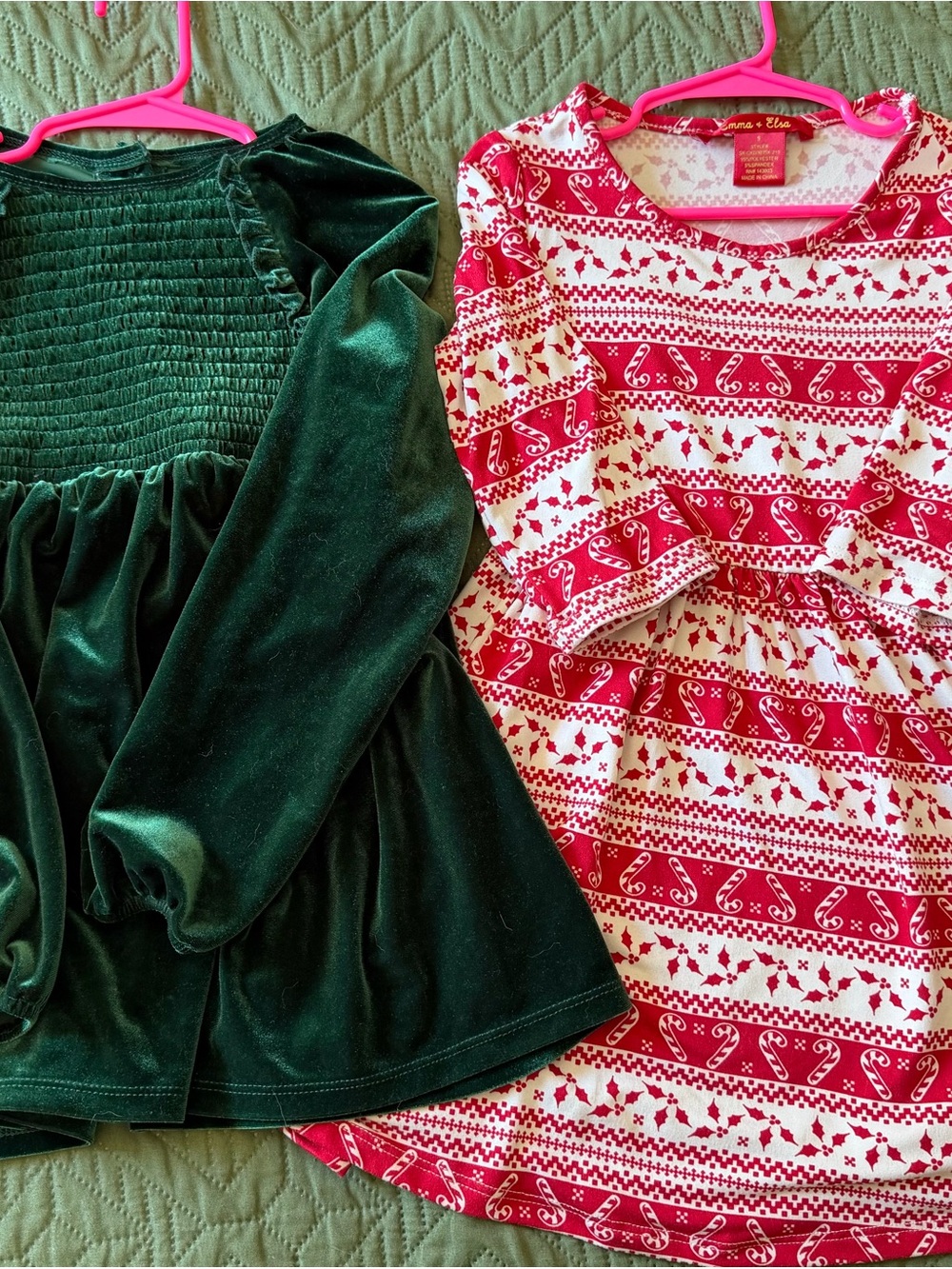 Bundle: Velvet Green Long-Sleeve Tunic & Red Patterned Holiday Dress - Kids 5
